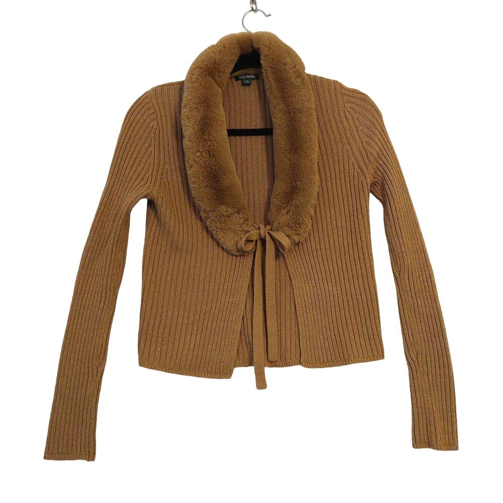 Wild Fable Women's Medium Cardigan Sweater Tan Faux Fur Collar Tie Front Ribbed